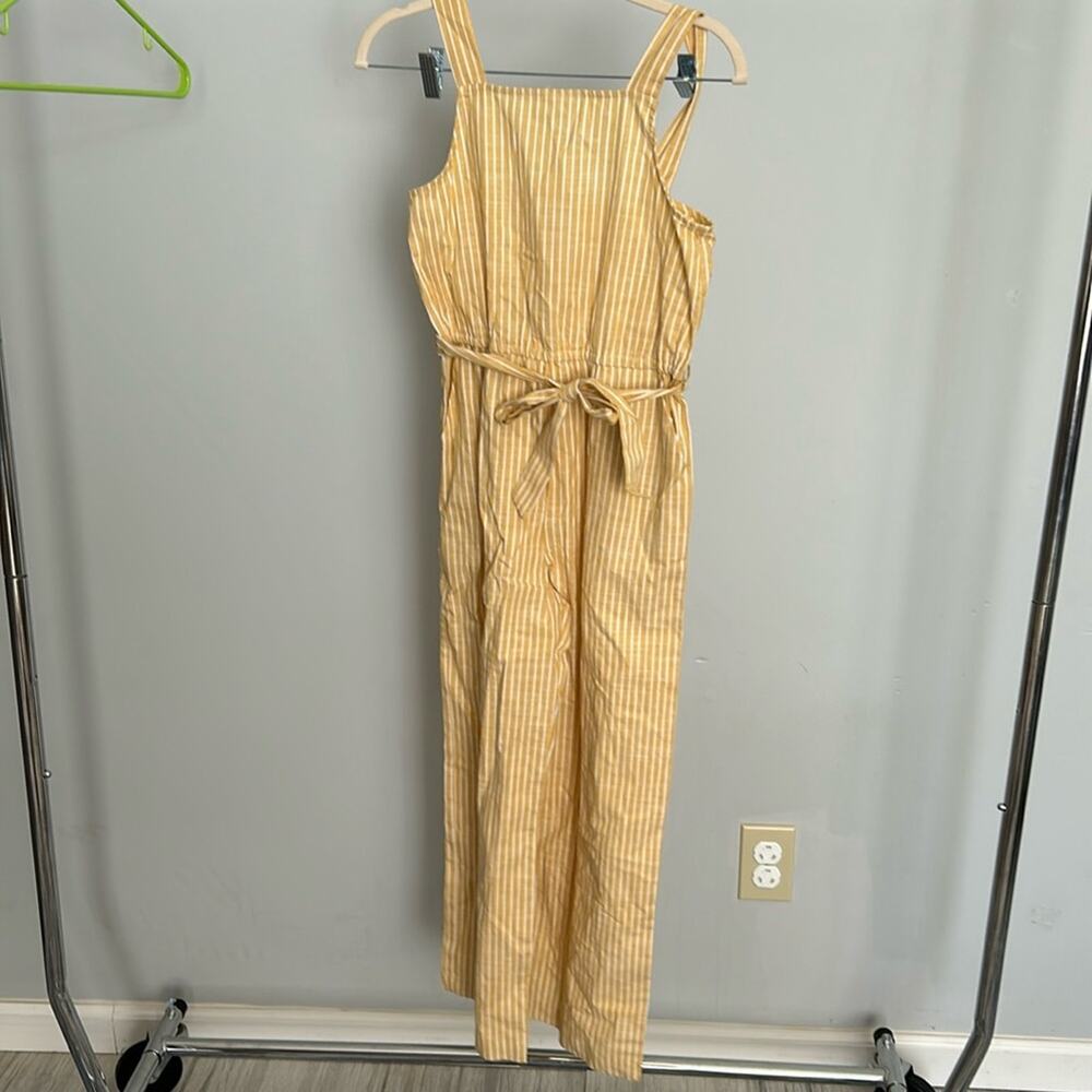 Copper Key Yellow White Striped Jumpsuit Womens Large Wide Leg Smocked Tie Waist
